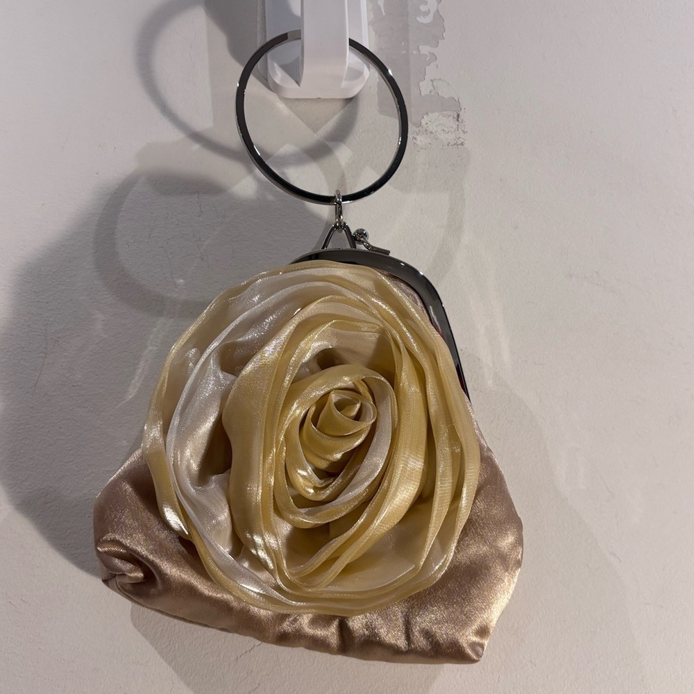 BIJOUX TERNER Wristlet 3D Rose Elegant Satin and Sheer Coin Closure Mini Bag